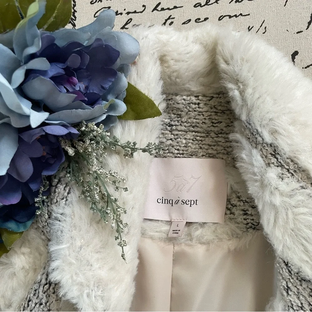Cinq a Sept 5a7 Shaggy Boucle Tweed Faux Fur Boyfriend Jacket Coat Size Large